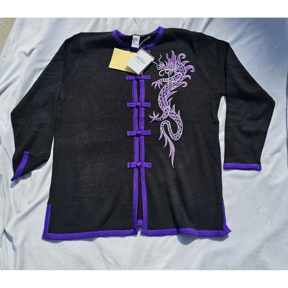 BOB MACKIE Purple Black Knit Cardigan Embroidered Dragon Size 1XL